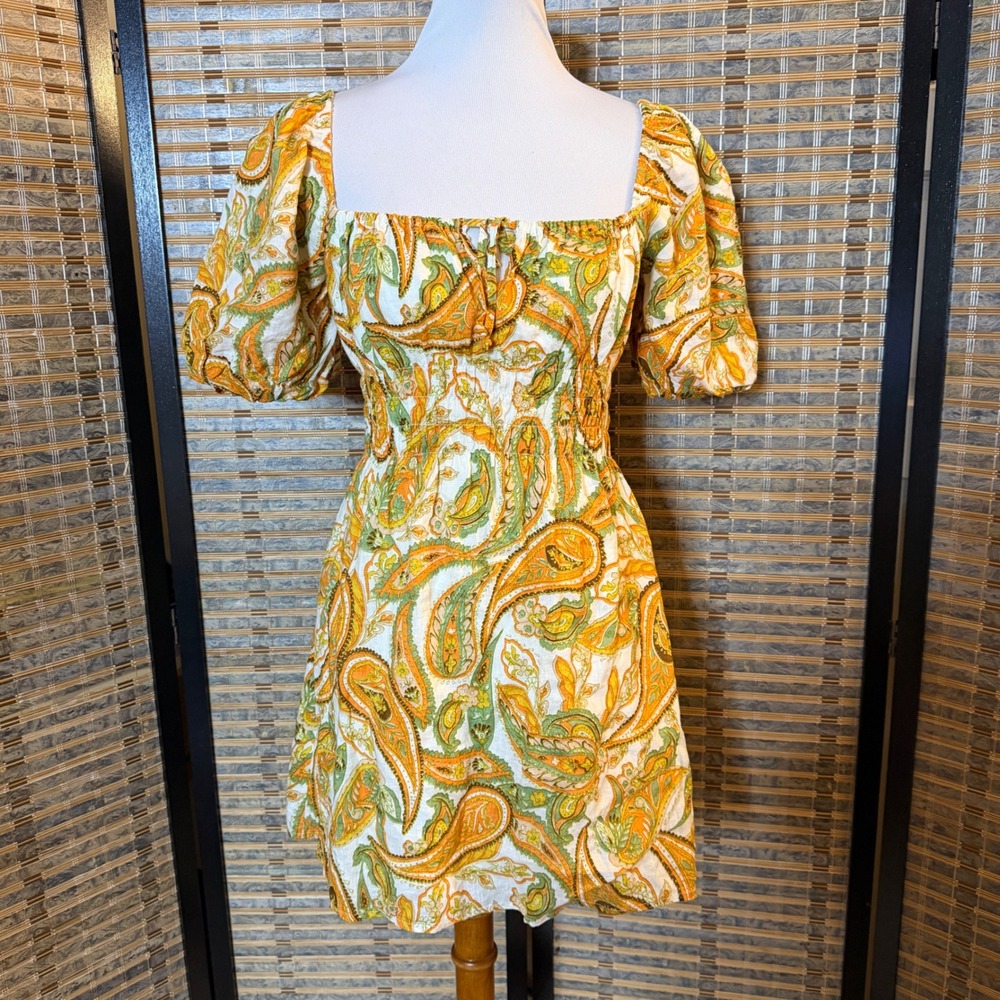 Faithfull The Brand Nikoleta Linen Mini Dress Women Small Juniper Paisley Puff